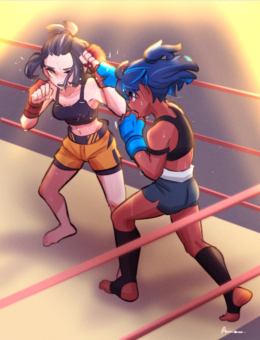 2girls amazu_(kurozu) aoi_(amazu) bare_shoulders barefoot black_hair black_socks blue_gloves blue_hair blue_shorts blush boxing boxing_ring breasts catfight cleavage commission crop_top female female_only fingerless_gloves forehead gloves highres medium_breasts multicolored_hair multiple_girls navel no_shoes one_eye_closed open_mouth orange_shorts original ponytail red_gloves second-party_source short_shorts shorts sin_amazu socks stirrup_legwear streaked_hair sweat toeless_legwear