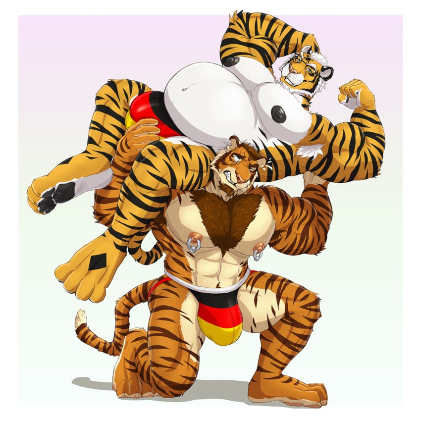 abs anthro asyr atlas_pose barazoku belly big_belly body_hair bulge chest_hair clothed clothing diamond_(marking) dream_and_nightmare duo eyewear facial_scar father_(lore) father_and_child_(lore) father_and_son_(lore) felid flexing fur german_flag glasses hair hi_res jockstrap jockstrap_only lifting male male/male mammal markings musclegut muscular muscular_anthro muscular_arms muscular_male muscular_thighs night_(dream_and_nightmare) nipple_piercing nipple_ring nipples orange_body orange_fur pantherine parent_(lore) parent_and_child_(lore) parent_and_son_(lore) pecs piercing ring_piercing scar simple_background son_(lore) speedo straining stripes swimwear tiger topless underwear underwear_only white_hair yellow_body yellow_fur