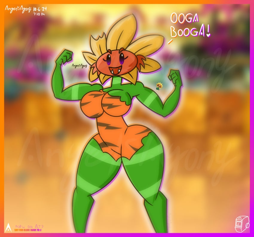 2d 2d_artwork agonywelds ass cavewoman curvy curvy_figure eyebrows eyelashes fangs female femdom flexing flexing_bicep glowing jurassic looking_at_viewer muscles muscular muscular_female plant plant_girl plantie plants_vs_zombies plants_vs_zombies_2:_it's_about_time popcap_games primal_sunflower_(pvz) sharp_teeth sunflower sunflower_(pvz) talking_to_viewer taller_girl teeth text thick_ass thick_thighs thighs