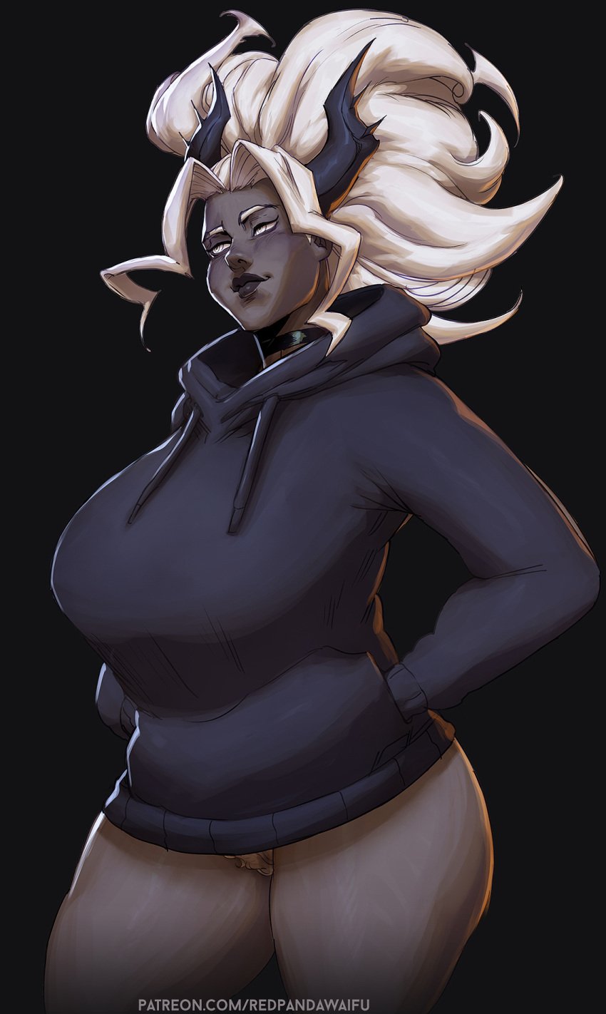 1girls big_breasts black_background bottomless choker commission dark-skinned_female dark_skin female female_only goblin goblin_female hands_in_pockets helltaker hi_res hoodie horns judgement_(helltaker) long_hair narrowed_eyes no_panties pubic_hair redpandawaifu solo thick_thighs white_eyes white_hair