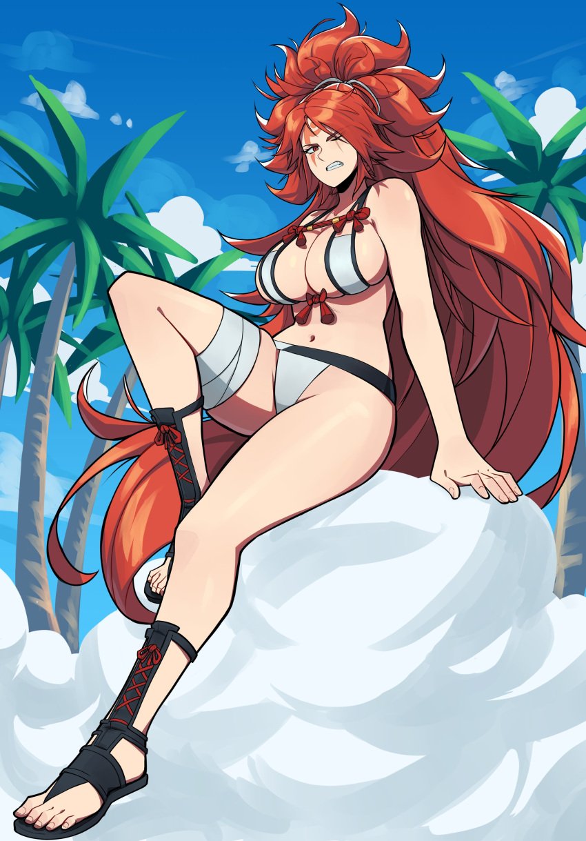 absurdres aneurysm.ax aneurysm_ax arm_support baiken bikini black_footwear breasts cleavage commission feet female guilty_gear highres knee_up large_breasts legs long_hair micro_bikini navel one_eye_closed red_eyes red_hair sandals scar scar_across_eye sitting solo swimsuit toenails toes very_long_hair white_bikini