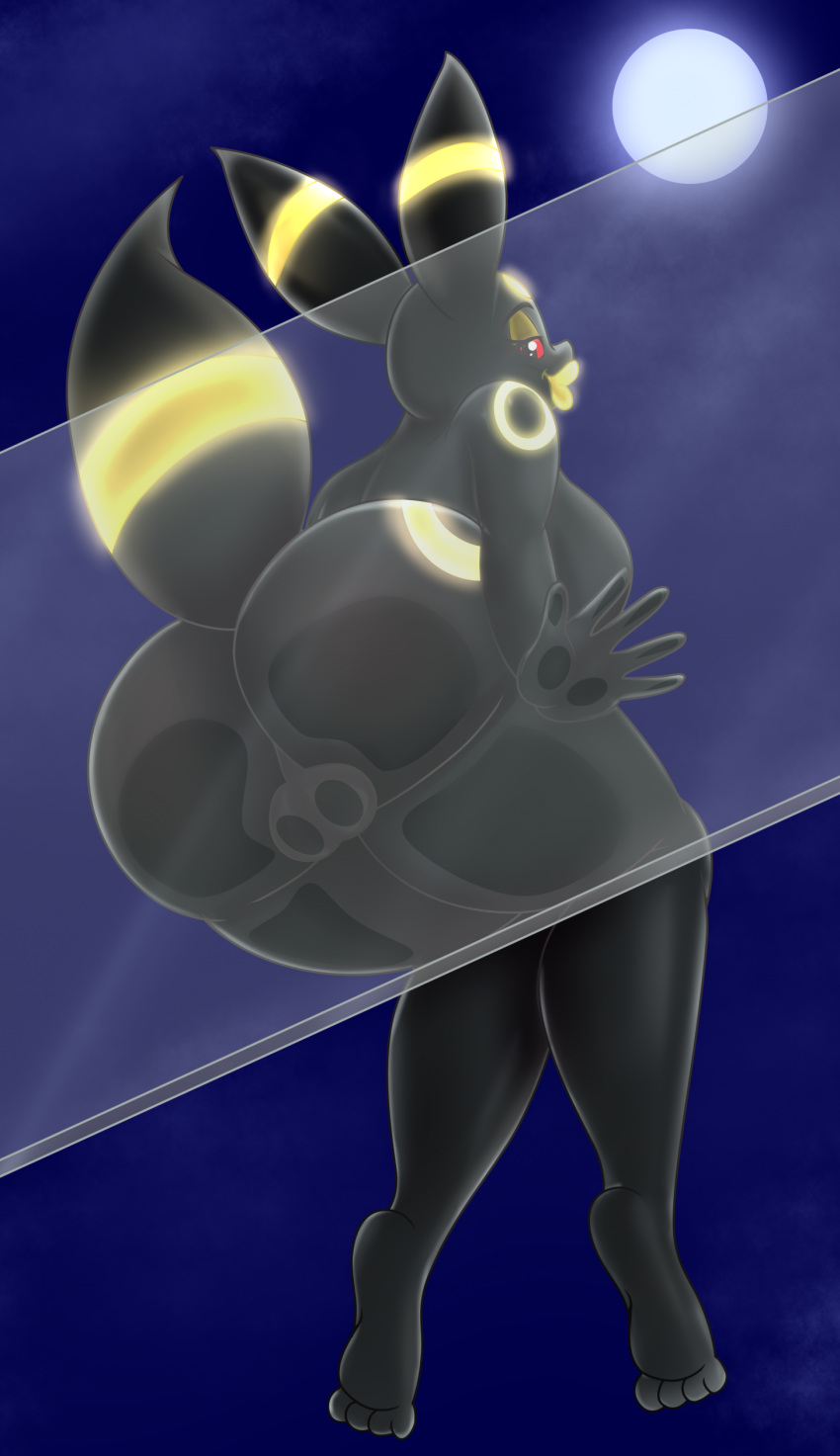 absurd_res anthro ass balls bellenightjoy biped black_body eeveelution generation_2_pokemon genitals gynomorph hi_res intersex looking_at_viewer looking_back nintendo nude pokemon pokemon_(species) pupils solo thick_thighs umbreon