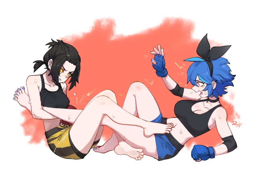 2girls bare_shoulders barefoot black_choker black_hair blue_gloves blue_hair blue_nails blue_shorts breasts brown_eyes catfight choker cleavage clenched_teeth commentary commission crop_top dif_(difman) difman english_commentary feet fingerless_gloves fingernails forehead gloves hair_between_eyes highres legs low_ponytail medium_breasts multicolored_hair multiple_girls nail_polish original parted_bangs ponytail red_gloves short_shorts shorts soles spread_toes streaked_hair sweat teeth toenail_polish toenails toes v-shaped_eyebrows yellow_eyes yellow_shorts