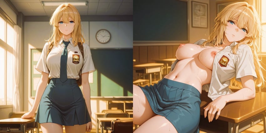 ai_generated breasts breasts_out exhibitionism indonesian_high_school_uniform pose seductive seductive_look tagme teasing violet_evergarden