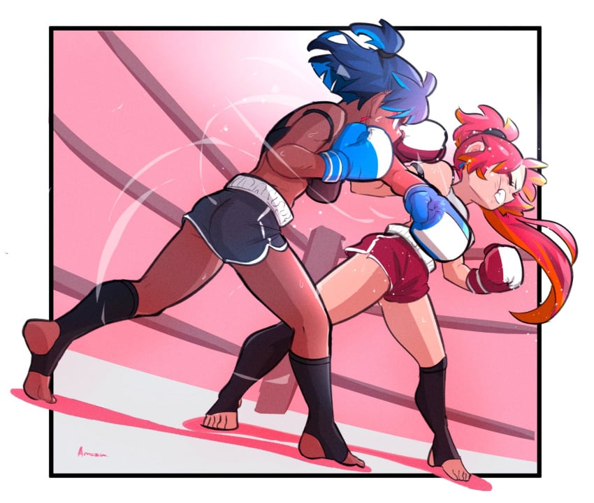 2girls amazu_(kurozu) aoi_(amazu) ass bare_shoulders black_shorts black_socks blue_hair boxing_gloves boxing_ring catfight clenched_teeth closed_eyes dark-skinned_female dark_skin dolphin_shorts female_only highres in_the_face kickboxing kneehighs long_hair mari_(amazu) multicolored_hair multiple_girls no_shoes orange_hair original ponytail punching red_hair red_shorts short_shorts shorts sin_amazu socks soles standing stirrup_legwear streaked_hair teeth toeless_legwear very_long_hair