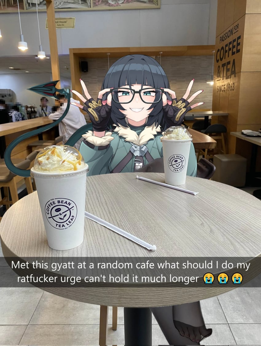 1girls anthro black_hair blue_eyes cafe crying date dating drink emoticon feet glasses jane_doe_(zenless_zone_zero) phone phone_screen public rat smile snapchat stockings text zenless_zone_zero