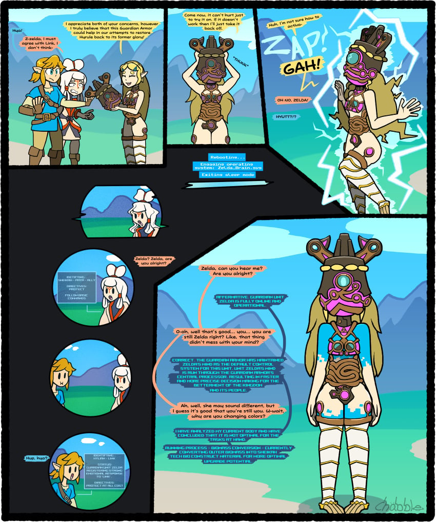 armor armor_only blue_eyes blue_shirt breath_of_the_wild chabble comic comic_page electric_shock first_person_view helmet link link_(breath_of_the_wild) paya_(the_legend_of_zelda) princess_zelda robot roboticization robotification shocked the_legend_of_zelda transformation white_hair yellow_hair zelda_(breath_of_the_wild)