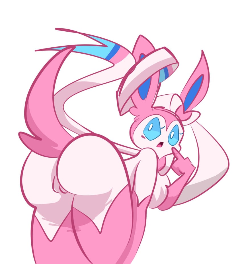 1girls 2024 anthro ass blue_sclera blush eeveelution female female_only fur game_freak generation_6_pokemon jimblym nintendo pink_fur pink_hair pokemon pokemon_(species) pokemon_xy pussy ribbon solo solo_female sylveon tail thick_thighs white_background white_eyes white_fur