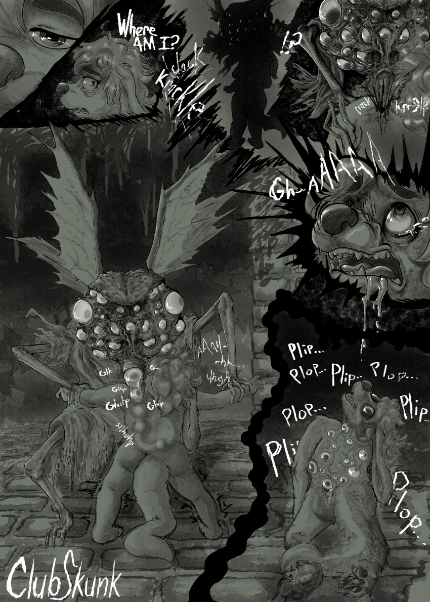 absurd_res ambiguous_gender anthro arthropod blood bloodborne bodily_fluids cassie_(clubskunk) clothing clubskunk cobblestone comic compound_eyes dialogue drooling duo english_text eye_roll forced forced_exposure fromsoftware fur garden_of_eyes_(bloodborne) hi_res horror_(theme) implantation implanted_eyes insane_eyes insect_wings insects invertebrate_proboscis kneeling lagomorph leporid looking_at_viewer mammal mind_break monster multi_eye mustelid narrowed_eyes nude open_mouth optipositing optiposition otter paws penetration proboscis_(anatomy) rabbit saliva scared smile sony_corporation sony_interactive_entertainment sound_effects tail tears text thick_tail torn_clothing unusual_eyes wide_eyed wings