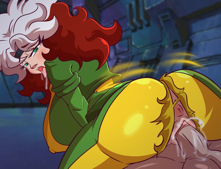 artlaccer_(artist) big_ass big_breasts big_butt big_nipples cowgirl_position fucked_silly green_eyes marvel marvel_comics multicolored_hair nipples_visible_through_clothing partially_clothed puffy_anus pussy pussy_juice pussy_juice_drip red_hair ripped_bodysuit ripped_clothing ripped_pants rogue_(x-men) saliva saliva_drip tongue_out vaginal_penetration white_hair x-men