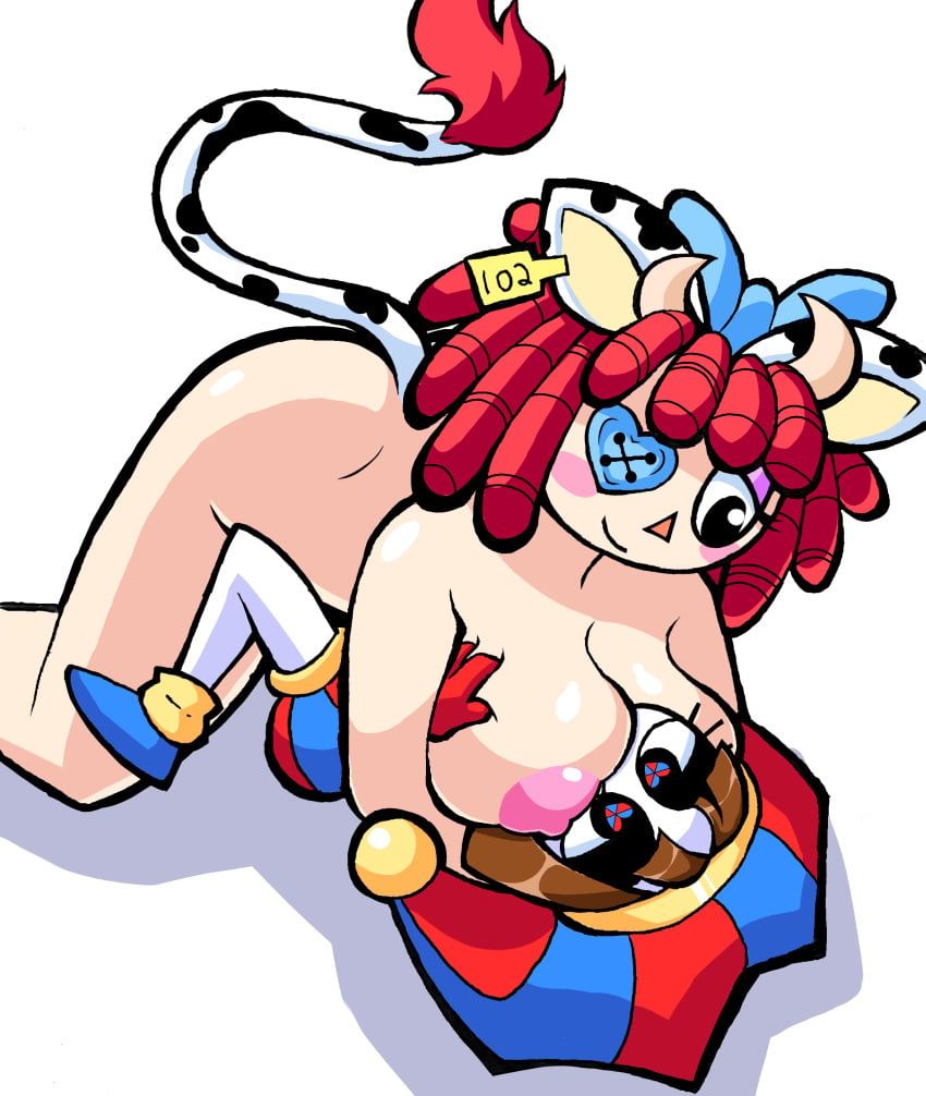 bovine button_eyes cow_ears cuddling large_breasts m1nty nude_female pomni_(the_amazing_digital_circus) ragatha_(the_amazing_digital_circus) red_hair size_difference smaller_female tail the_amazing_digital_circus wholesome yuri