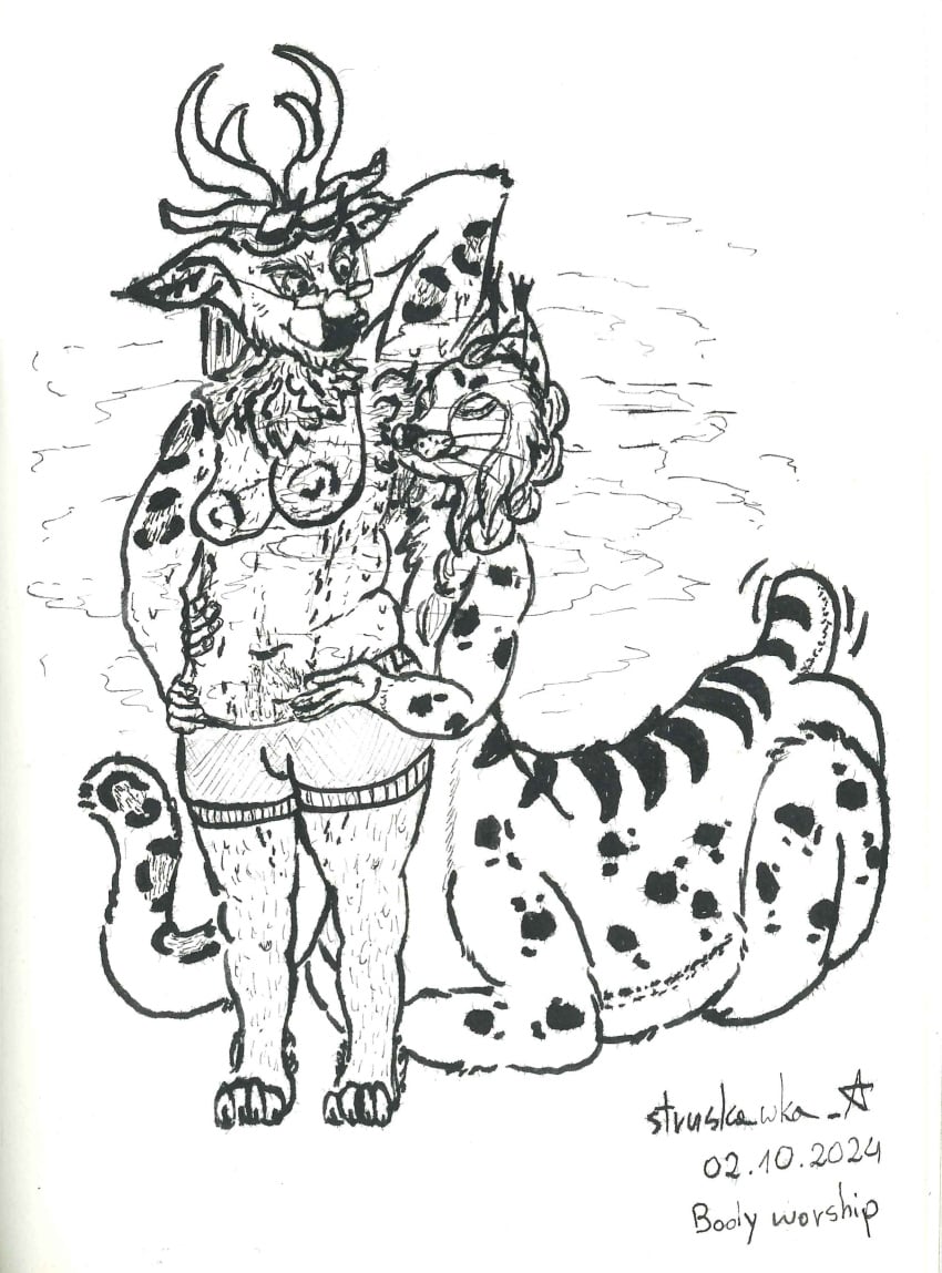 anthro antlers armpit_fetish armpit_hair armpit_sniffing belly body_hair breasts deer duo eyewear felid feline female futanari glasses gynomorph hi_res horn hybrid inktober inktober_2024 intersex kinktober kinktober_2024 lynx mammal matylda_(struskawka) monochrome musk musk_clouds nub_tail pantherine sagging_breasts slightly_chubby sniffing snow_leopard struskawka struskawka_(struskawka) taur traditional_media_(artwork) tuft