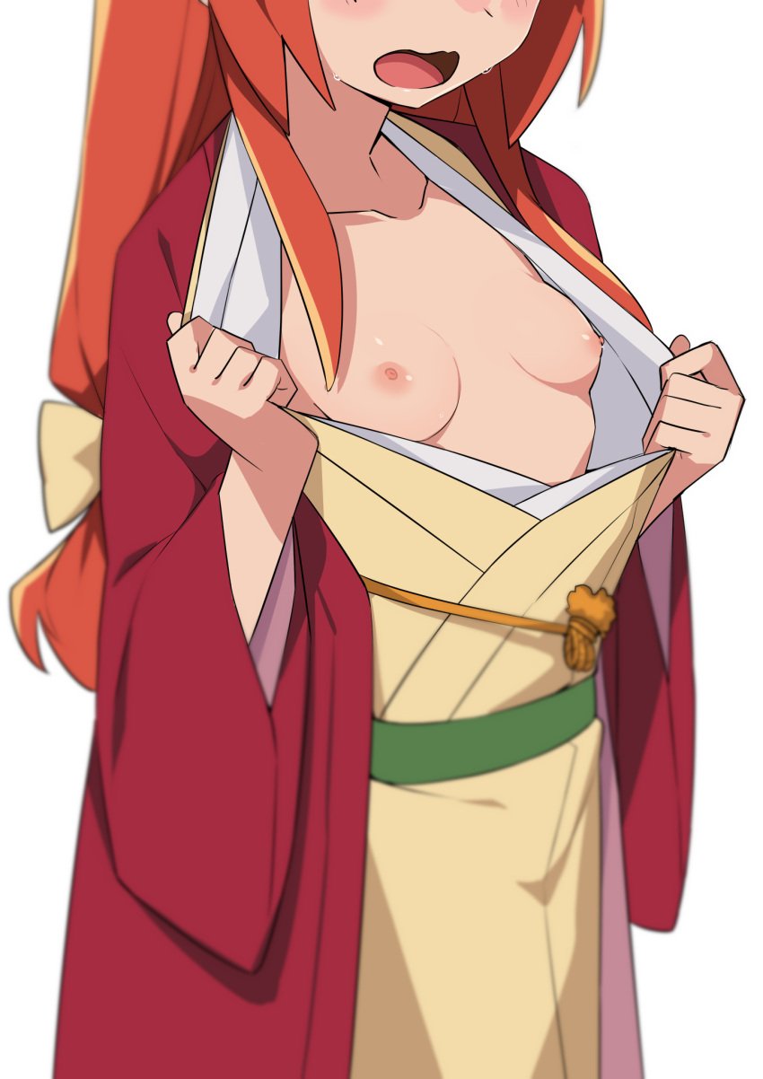 breasts breasts_out buratei_marii eyes_out_of_frame female highres japanese_clothes joshiraku kimono long_hair morisobo nipples red_hair red_kimono simple_background small_breasts solo white_background wide_sleeves yellow_kimono