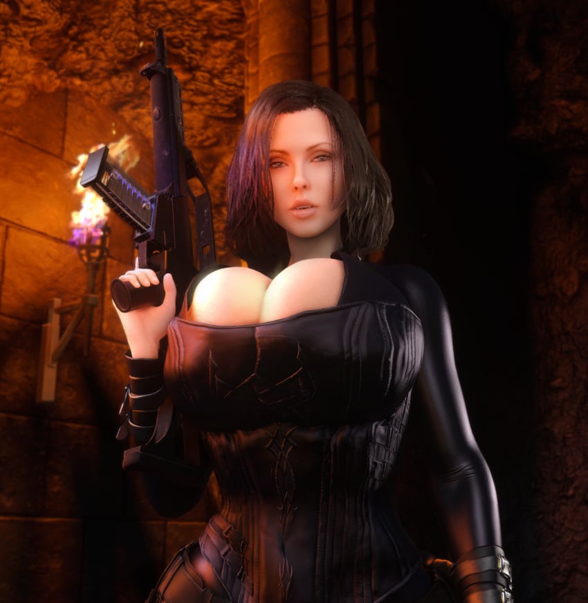 1girls 3d 3d_(artwork) alternate_breast_size big_hips black_bodysuit black_corset black_hair bodysuit breasts breasts_bigger_than_head cleavage clothed clothed_female corset enormous_breasts female female_only female_solo gigantic_breasts gun hips holding_gun holding_object holding_weapon hourglass_figure huge_breasts humanoid kate_beckinsale large_hips looking_at_viewer massive_breasts open_bodysuit open_clothes selene_(underworld) skin_tight slim_waist small_waist solo solo_female thighs thin_waist top_heavy underworld unzipped unzipped_bodysuit upper_body vaako vampire vampire_girl vampiress weapon wide_hips