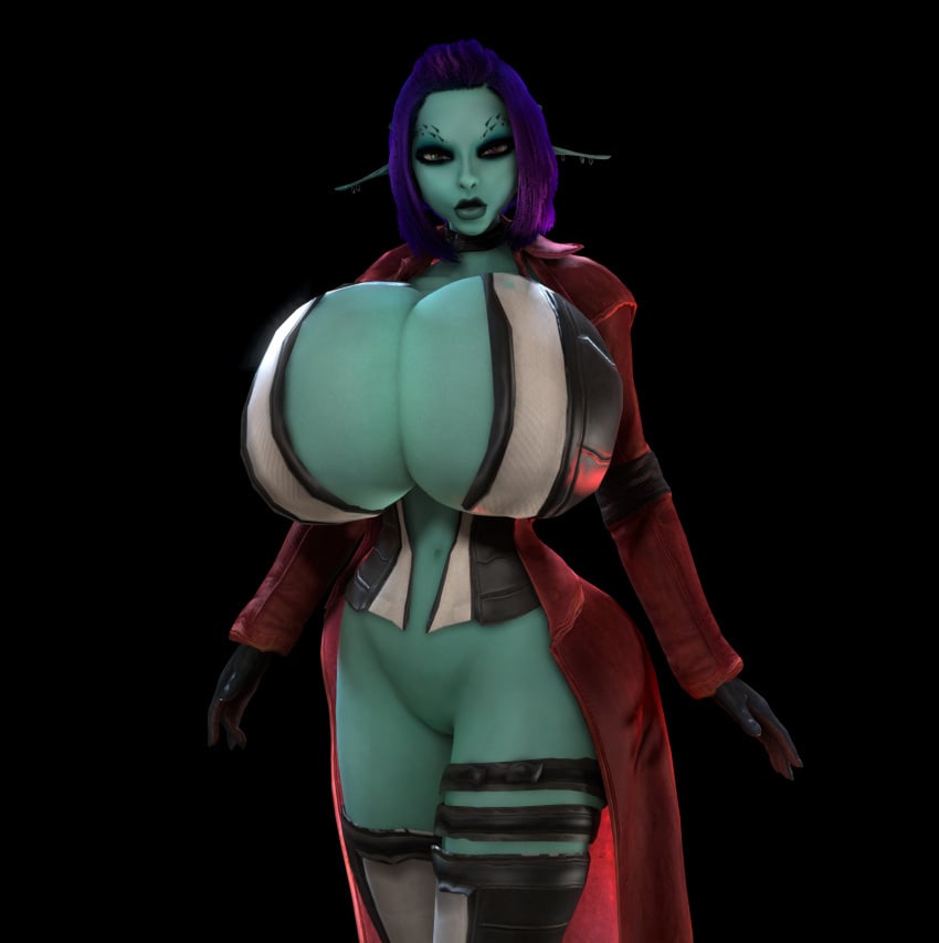 1girls 3d 3d_(artwork) alternate_breast_size asymmetrical_legwear big_hips blue_body blue_skin bottomless breasts breasts_bigger_than_head breasts_bigger_than_torso cleavage coat enormous_breasts female female_only female_solo gigantic_breasts heterochromia hips hourglass_figure huge_breasts hyper hyper_breasts large_hips long_ears long_pointy_ears looking_at_viewer massive_breasts midriff open_clothes partially_clothed partially_clothed_female pointy_ears purple_hair skimpy skimpy_clothes skin_tight slim_waist small_waist solo solo_female soria thighhighs thighs thin_waist top_heavy upper_body vaako wide_hips