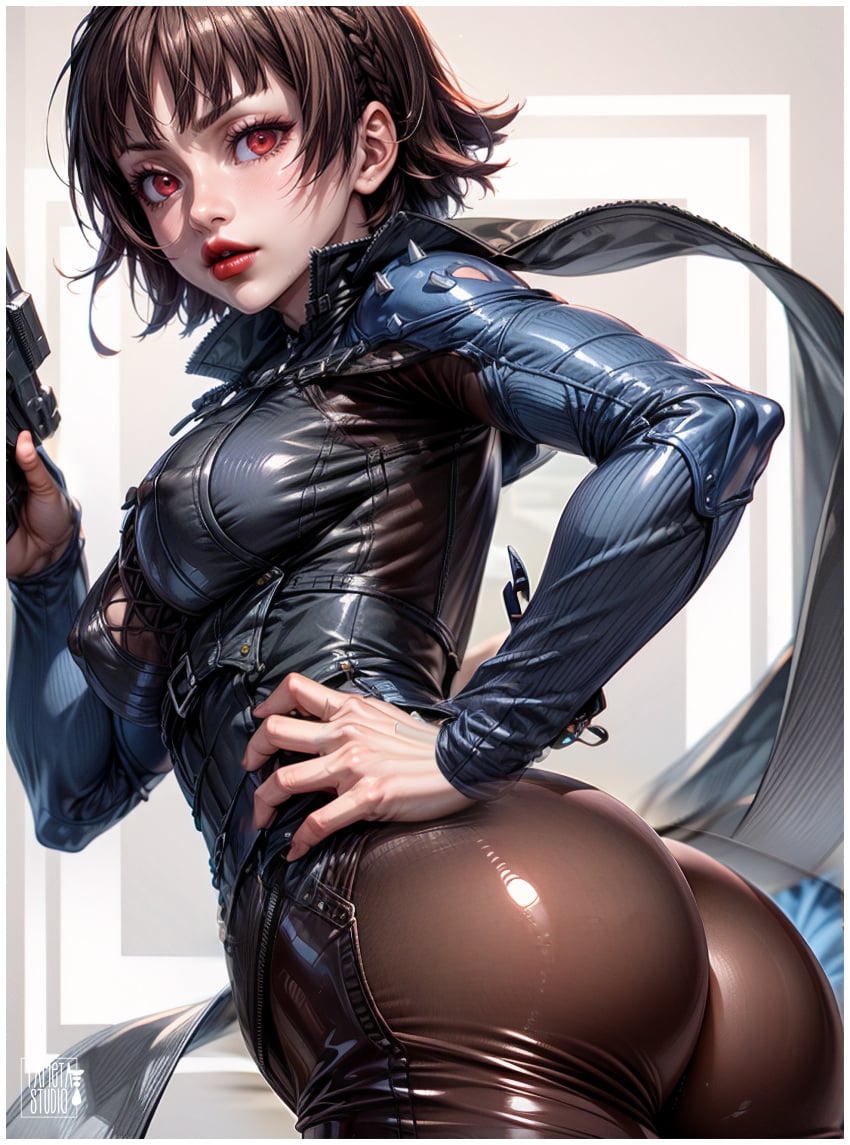 1girls ai_generated ass ass_cleavage ass_focus ass_up booty brown_hair fanart female fighter latex latex_clothing latex_gloves latex_stockings latex_suit latex_thighhighs looking_at_viewer looking_back makoto_niijima persona persona_5 persona_5_royal pixai posing red_eyes short_hair stable_diffusion video_games yametastudio