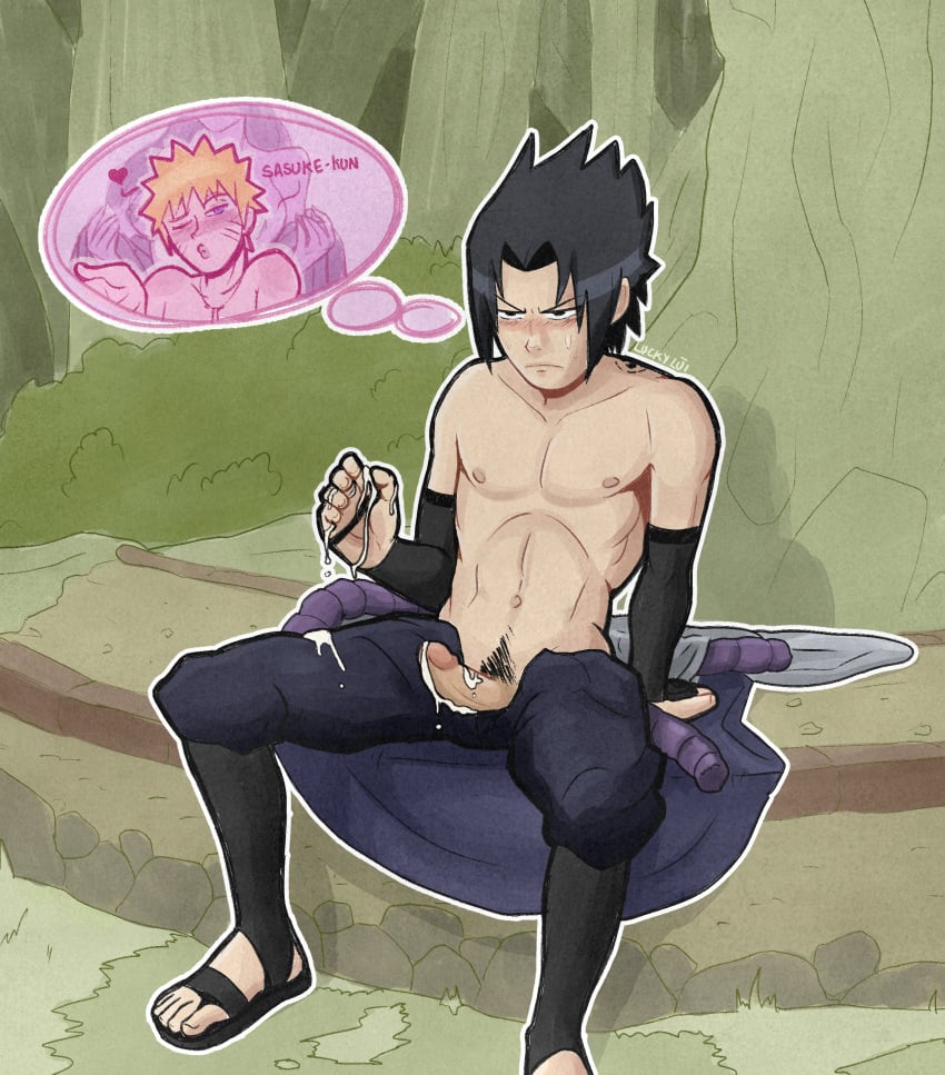 1boy black_hair blonde_hair blush cum cumming cute embarassed gay heart_symbol luckylui naruto penis pubic_hair sandals sasuke_uchiha solo solo_focus solo_male tagme tattoo thought_bubble thought_bubbles uzumaki_naruto watermark yaoi