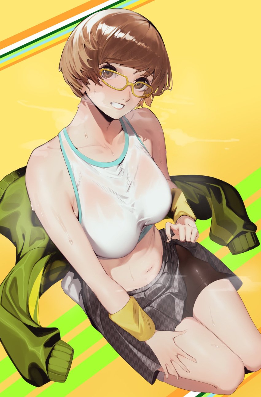 1girls bare_shoulders bike_shorts_under_skirt breasts brown_eyes brown_hair clothes_lift collarbone commentary_request crop_top female full_body gedou_hakurou glasses green_jacket grin highres jacket looking_at_viewer medium_breasts midriff navel no_shoes parted_lips persona persona_4 persona_4:_dancing_all_night persona_dancing pleated_skirt satonaka_chie see-through_clothes see-through_shirt seiza shirt short_hair sitting skirt skirt_lift smile socks solo steaming_body sweat tank_top track_jacket unworn_jacket white_socks white_tank_top wristband yellow-framed_eyewear