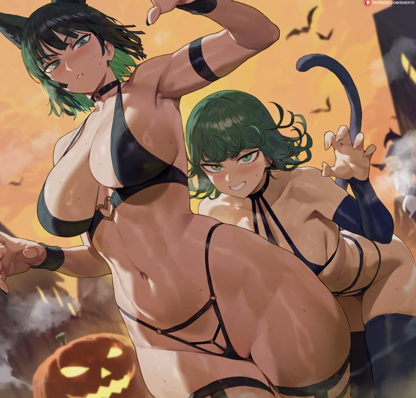 2girls bats big_breasts bikini_top cat_ears cat_tail fat_breasts flat_belly fubuki_(one-punch_man) green_hair halloween jack-o'-lantern large_breasts one-punch_man pointy_chin pumpkin shexyo small_breasts tatsumaki