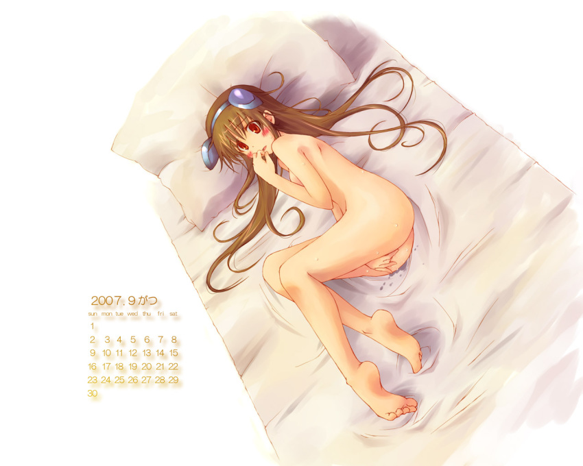 2007 barefoot bed blush calendar_(medium) deed feet legs lyrical_nanoha mahou_shoujo_lyrical_nanoha mahou_shoujo_lyrical_nanoha_strikers masturbation nekokun nude pussy_juice solo sweat