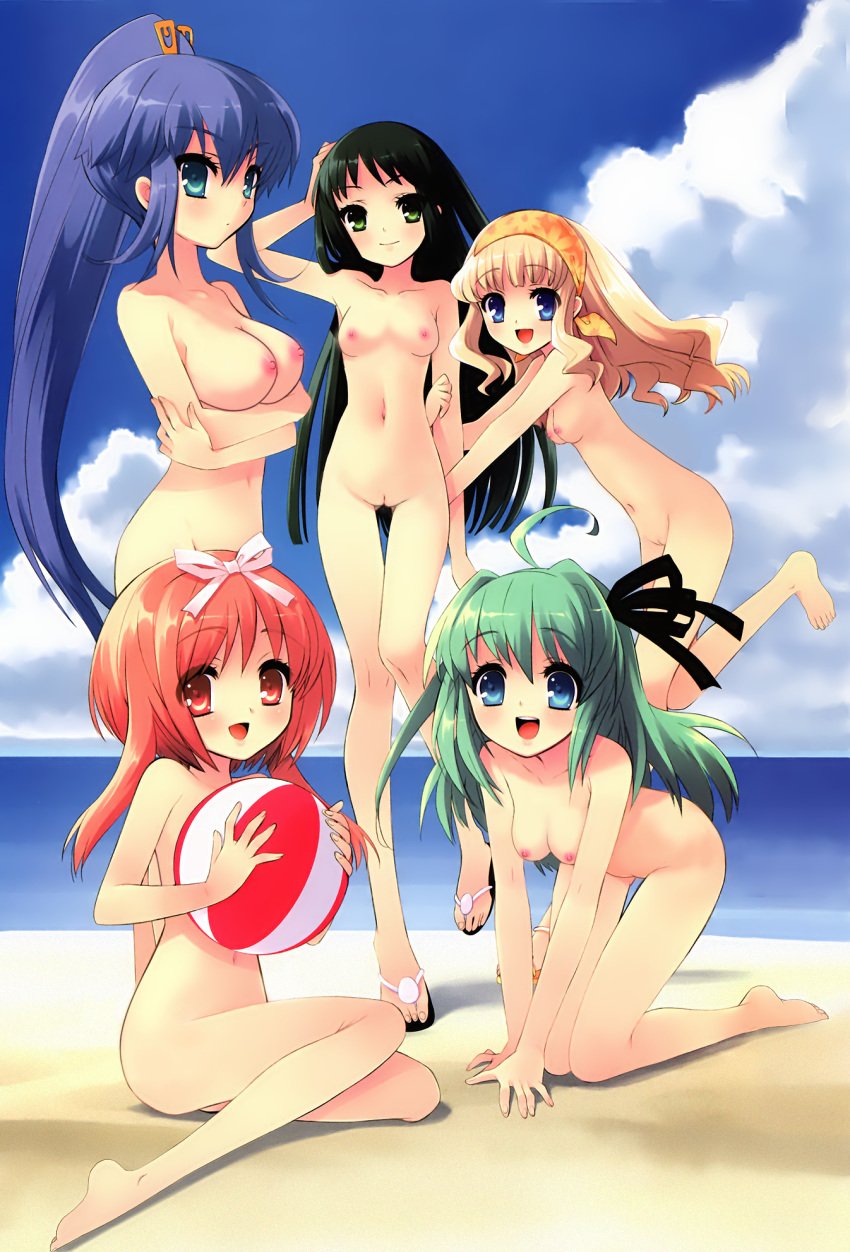 akihime_sumomo beach blue_hair breasts everyone female female_only highres nanatsuiro_drops navel nipples nude prima_aspallas pussy satsuki_julirsia uncensored yaeno_nadeshiko yuuki_nona