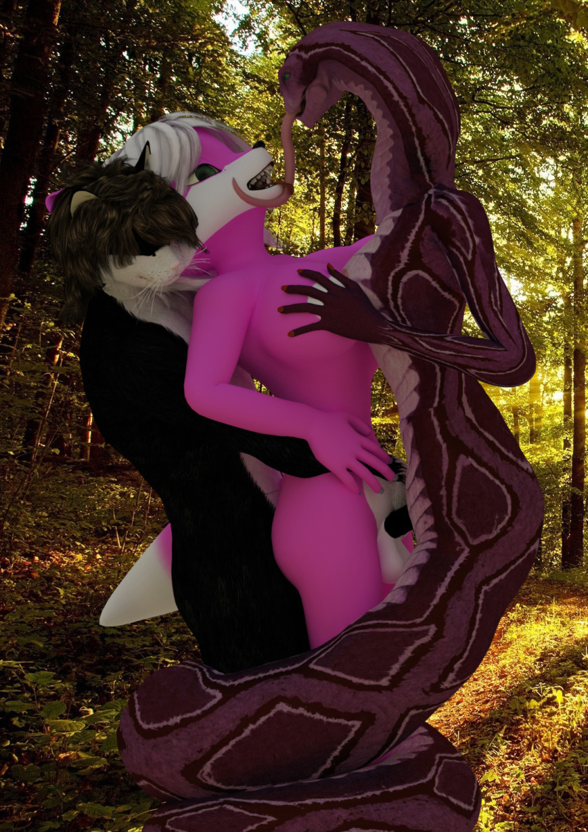 3d anal angry_cat anthro balls black_fur black_penis breast_grab breasts brown_hair cobra coiling dickgirl female forest from_behind_position group group_sex hand_on_breast highres humanoid_penis intersex lamia large_breasts male naga penetration penis pink_fur reptile scalie sex snake standing threesome tongue tongue_out tree vaginal_penetration white_hair yuni_hermit