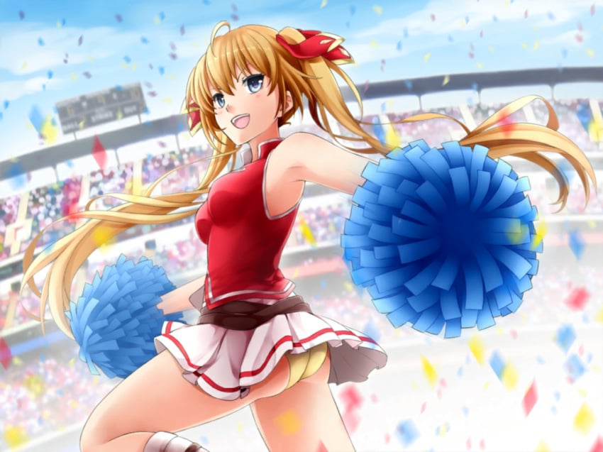 ass blonde_hair blue_eyes cheerleader huniepop panties pom_poms slave_handles stadium tiffany_maye upskirt yellow_panties