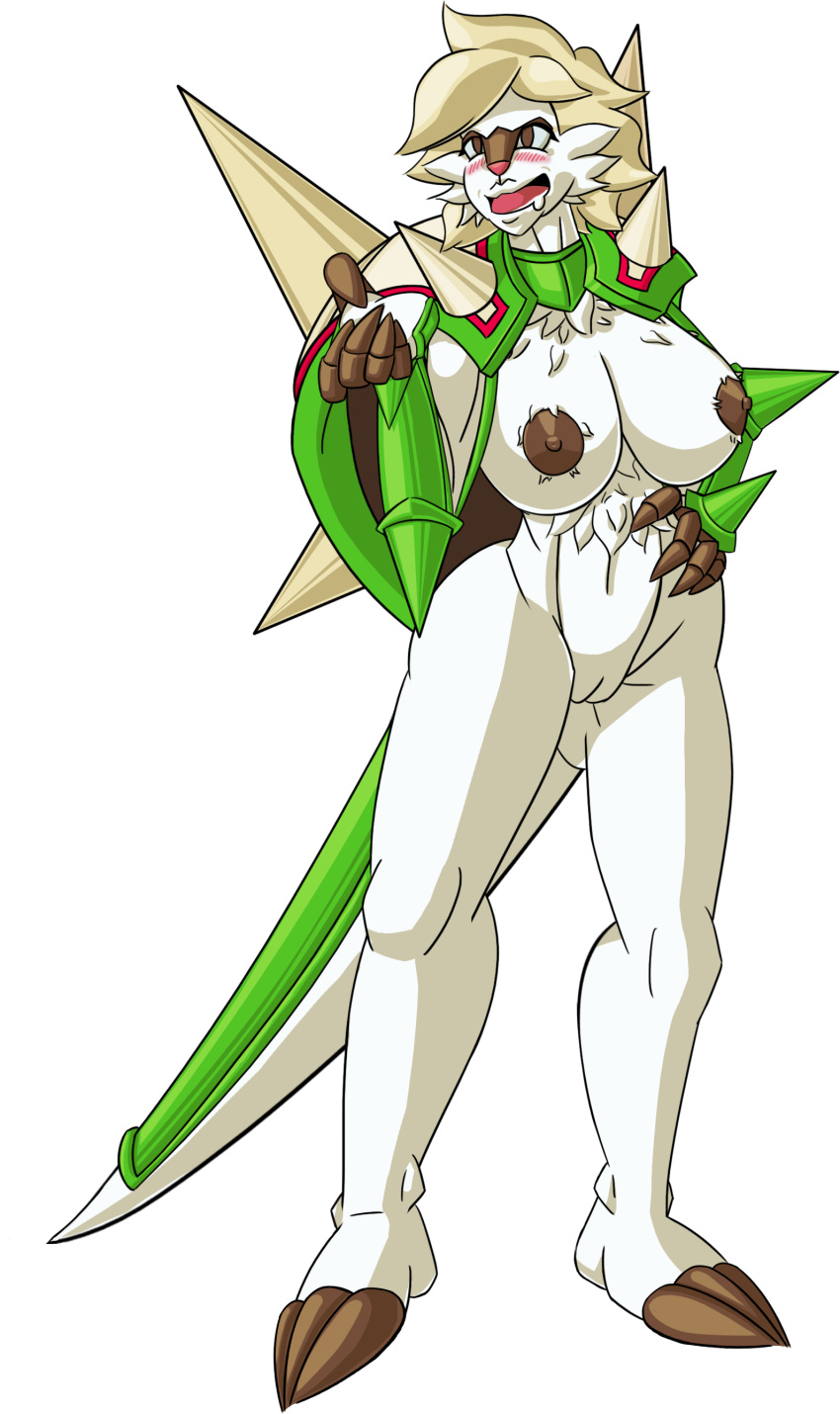 absurd_res anthro areola armor big_breasts blush breasts brown_eyes chesnaught chest_tuft claws drooling fan_character female fight fluffy forbiddenknights2 fur grass hair hand_on_hip hi_res huge_breasts humanoid light_hair lips mammal mature navel nintendo nipples nude open_mouth pokemon pussy saliva shell simple_background smile solo spikes standing thick_thighs tongue tuft video_games white_background