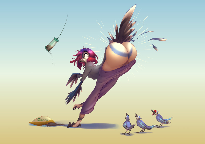 <3_eyes anthro ass avian beak being_watched bent_over big_butt bird bluebird breasts clothing feathers female feral group hair heart looking_back multicolored_hair peeping purple_hair pussy voyeur wardrobe_malfunction watsup