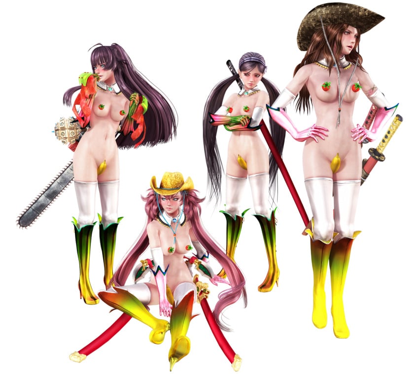 3d 4girls alternate_costume aya_(oneechanbara) banana black_hair blue_eyes breasts brown_eyes brown_hair chainsaw cowboy_hat dagger female female_only food_on_crotch food_on_nipples food_on_pussy fruit functionally_nude functionally_nude_female gloves hair hat headgear high_heels kagura_(oneechanbara) katana knife large_breasts long_hair mace medium_breasts naked_footwear naked_gloves naked_hat naked_legwear navel nude nude_female oneechanbara pink_hair purple_hair saaya_(oneechanbara) saki_(oneechanbara) siblings sisters small_breasts strawberry sword tied_hair twintails very_long_hair weapon white_legwear