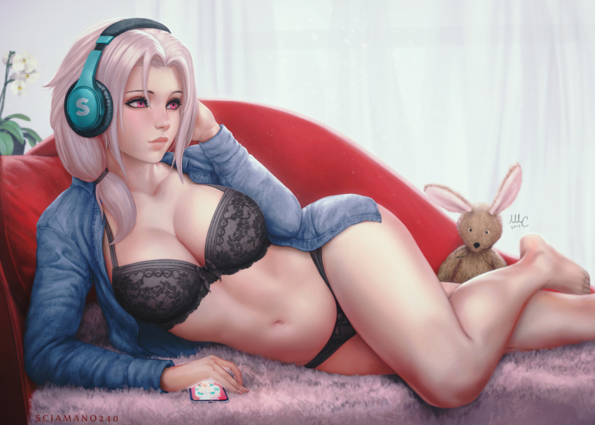 1female 1girls bare_legs barefoot big_breasts big_thighs black_bra black_panties chloe_(sciamano240) confused confused_face confused_look exposed_belly female headphones looking_away mirco_cabbia oc original original_character pink_eyes pink_hair red_pillow sciamano240 shirt signature smartphone solo solo_female solo_focus unbuttoned_shirt wide_hips