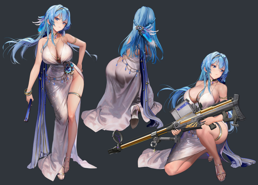 1girls ass big_ass big_breasts blue_eyes blue_hair breasts cleavage dress fancy_clothing goddess_of_victory:_nikke gray_background gun helm_(chandelier)_(nikke) helm_(nikke) jewelry large_breasts multiple_poses multiple_views official_art sniper_rifle sprite thighs weapon