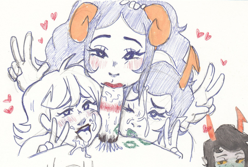 aradia_megido heart heart-shaped_pupils homestuck kanaya_maryam lipstick_mark lipstick_ring oral orientation_play peace_sign redskinnedmess roxy_lalonde troll