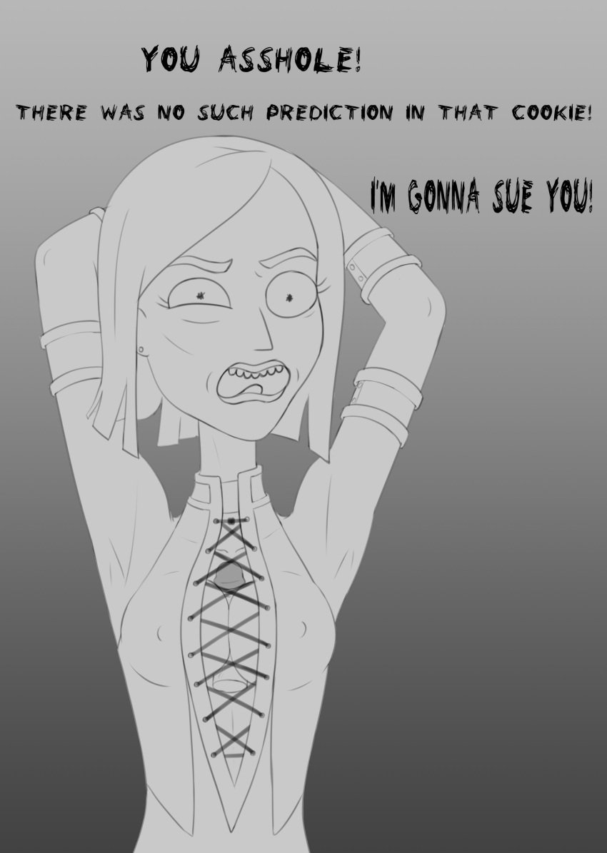 adult_swim armpits black_and_white breasts diklonius english_text female hands_behind_head hi_res huge_breasts jennith_padrow-chunt looking_at_viewer mature_female mileena_(cosplay) nipples_visible_through_clothing paizuri rick_and_morty sketch text titjob