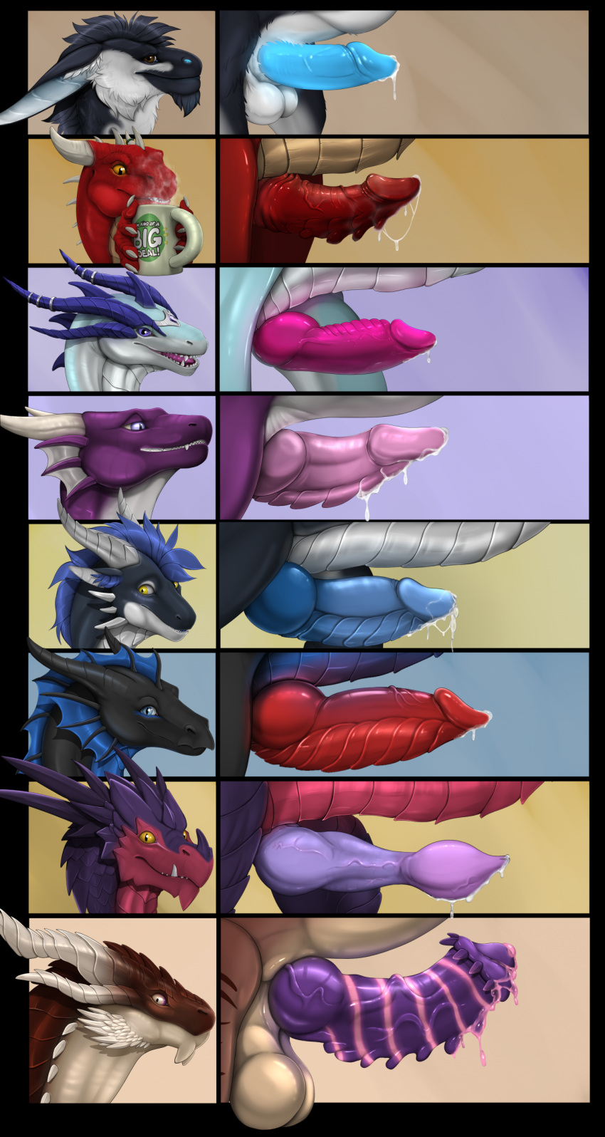 absurd_res balls bodily_fluids claws digital_drawing_(artwork) digital_media_(artwork) dragon erection feral finger_claws fur genital_fluids genitals glans hair hi_res ishiru knot male male_focus male_only mug mythological_creature mythological_scalie mythology penis penis_lineup precum scalie teeth