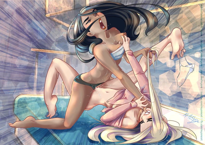 2girls barefoot bed bedroom bite blonde_hair breasts brown_hair catfight disney disney_princess fa_mulan feet fight fighting hair_pull hair_pulling interracial lesbian_couple lesbian_sex long_hair mulan myore rapunzel scissoring sex sexfight soles tangled toes tribadism wet wet_pussy yuri