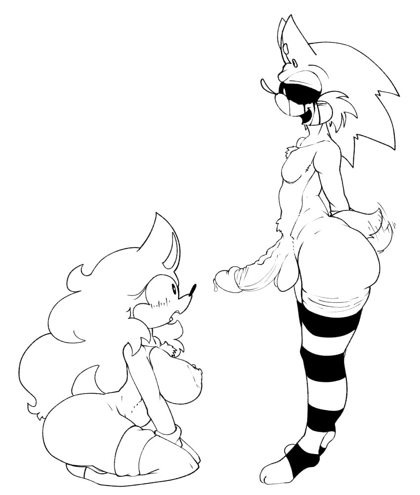 1boy 1girls big_ass big_breasts big_penis black_and_white blush curse_(sonic.exe) femboy legwear sonic.exe sonic.exe_(series) thighhighs wacky_(sonic.exe) wagging_tail