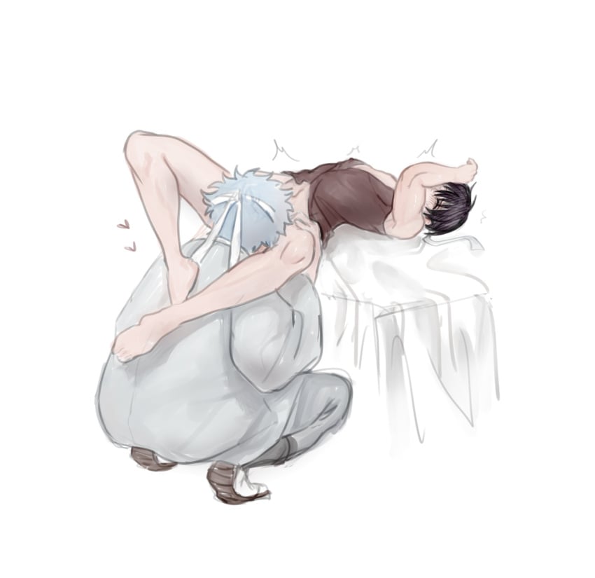 2boys aged_down blush bottomless covering_face covering_self full_body gay gintama gintoki_sakata implied_oral japanese_clothes leg_lock male male_only not_responding official_alternate_costume on_back oral squatting takasugi_shinsuke yaoi