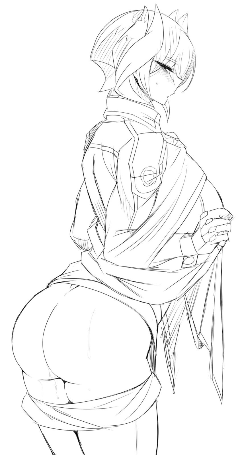 bare_ass big_ass blush bubble_butt expressionless female female_only looking_at_viewer looking_back made_in_abyss monochrome ozen pants_down short_hair sketch solo sweat undressing yaguchiyuki