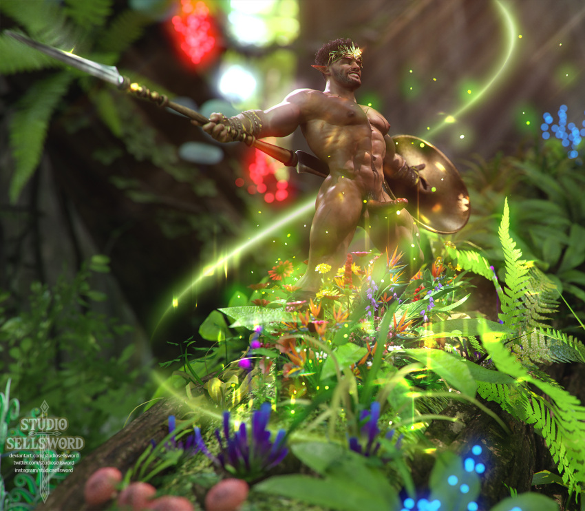 1boy 3d 3d_model bara brown_hair cheerful elf elf_ears elf_male fantasy_world fighter flowers forest forest_background lance magical male male_focus male_only male_pov muscular muscular_male naked naked_male nature nude nude_male oc original_character shield smiling solo solo_male studiosellsword_(artist) tan-skinned_male tan_skin tanned_skin warrior wildlife wood_elf woods