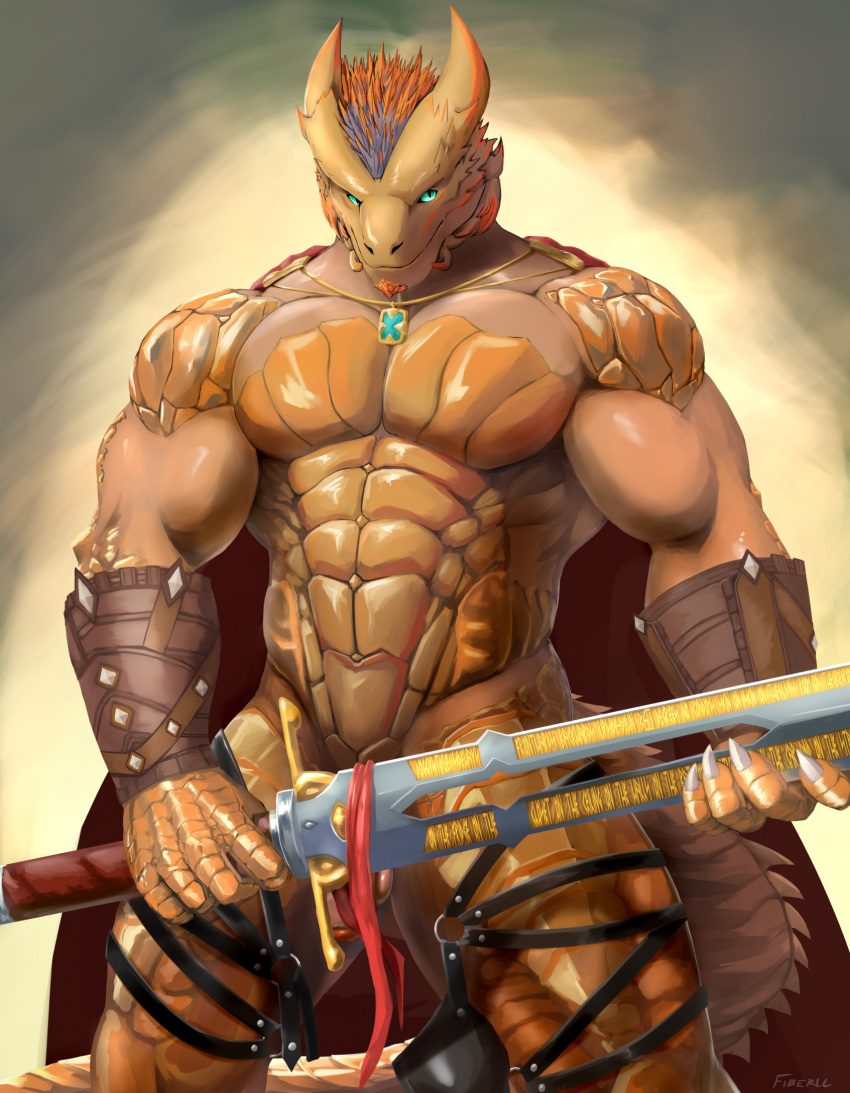 amulet anthro armor baldur's_gate baldur's_gate_3 balls biceps blue_eyes bracers cape cheek_spikes clothed clothing dragonborn_(dnd) dungeons_and_dragons english_text facial_spikes fiberll flaccid foreskin genitals greatsword harness hasbro head_spikes hi_res holding_object holding_sword holding_weapon horn humanoid_genitalia humanoid_penis jewelry male male_only markings melee_weapon muscular muscular_male necklace orange_body orange_scales partially_clothed pecs penis purple_markings scales scalie skimpy solo spikes spikes_(anatomy) standing sword tail tan_body tan_scales text weapon wizards_of_the_coast