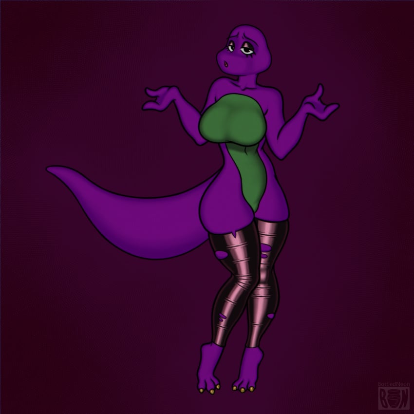 3_toes anthro barney_and_friends barney_the_dinosaur bottledneon dinosaur featureless_breasts female female_focus female_only footless_stockings leather leg_sleeves legwear meme mitten_hands purple_skin reptile rule_63 tail torn_legwear two_tone_body