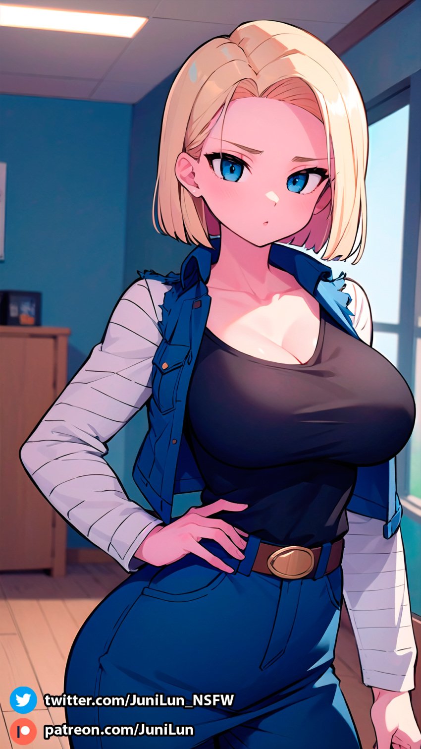 1girls ai_generated android_18 angry ass background black_shirt blonde_female blonde_hair blonde_hair blue_eyes blush breasts clothed cute dragon_ball dragon_ball_super dragon_ball_z eyebrows eyebrows_visible_through_hair eyelashes female female_focus female_only front_view hair_between_eyes hi_res highres huge_ass huge_breasts indoors jacket jacket_open junilun_nsfw large_breasts light-skinned_female light_skin looking_at_viewer patreon patreon_username presenting presenting_breasts room short_hair sleeves solo solo_female solo_focus stable_diffusion standing tagme thick_thighs thighs