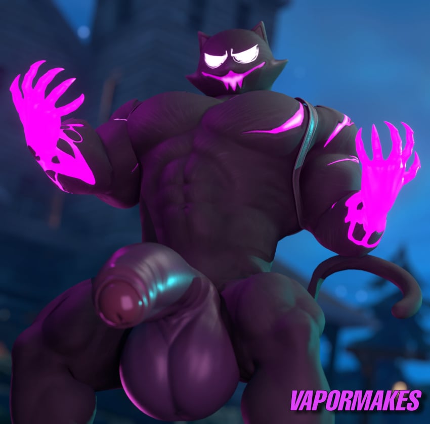 1boy 2023 3d 3d_model anthro barazoku black_fur epic_games erection felid feline felis fortnite gay halloween hard_on holidays male male_focus male_only manly muscular_anthro muscular_male phantom_meowscles solo solo_male vapormakes