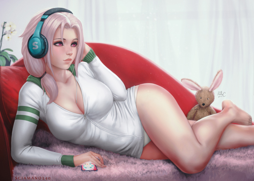 1female 1girls big_breasts big_thighs chloe_(sciamano240) exposed_belly exposed_breasts female glasses headphones mirco_cabbia oc original original_character pink_eyes pink_hair red_pillow sciamano240 shirt signature smartphone socks solo solo_female solo_focus uncensored white_hoodie white_panties wide_hips