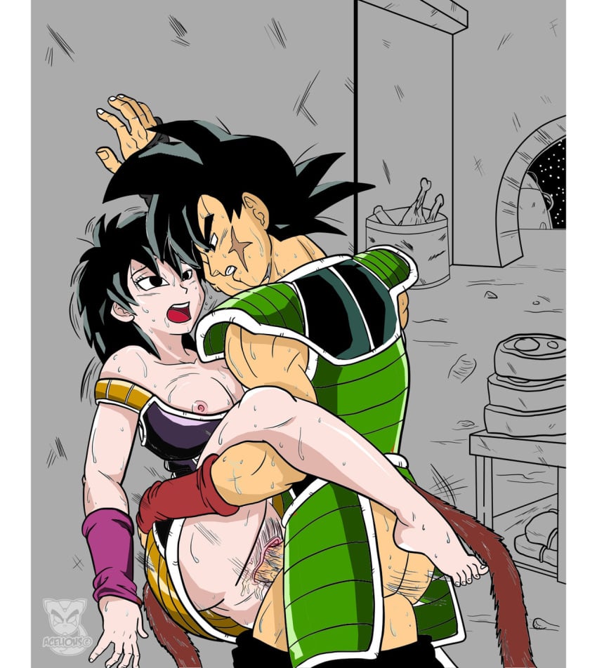 1boy 1girls bardock big_breasts breasts dragon_ball funsexydragonball gine husband_and_wife nipples saiyan saiyan_armor sex sweat tail vaginal_penetration