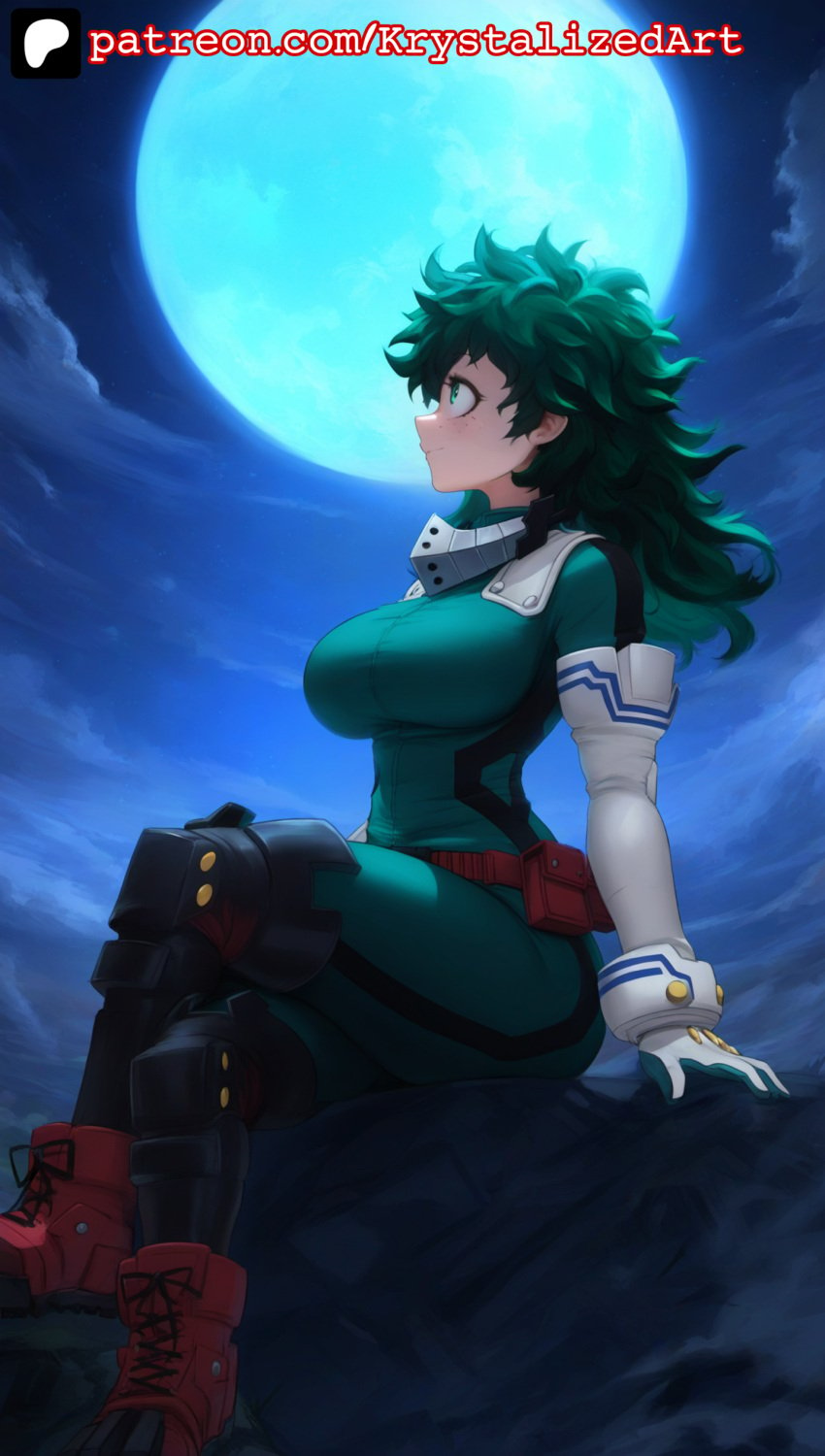 absurd_res adult_swim aged_up ai_generated big_ass big_breasts bodysuit curvaceous curvy female_deku freckles freckles_on_face from_side fully_clothed gender_transformation genderswap_(mtf) gloves green_eyes green_hair hero_outfit_(mha) heroine highres izuku_midoriya krystalizedart large_breasts leaning_back legs legs_crossed long_hair looking_up midoriya_izuku moon moonlight my_hero_academia night night_sky rule_63 side_view sitting skintight solo solo_female solo_focus stars thick_thighs thin_waist toonami transformation wallpaper