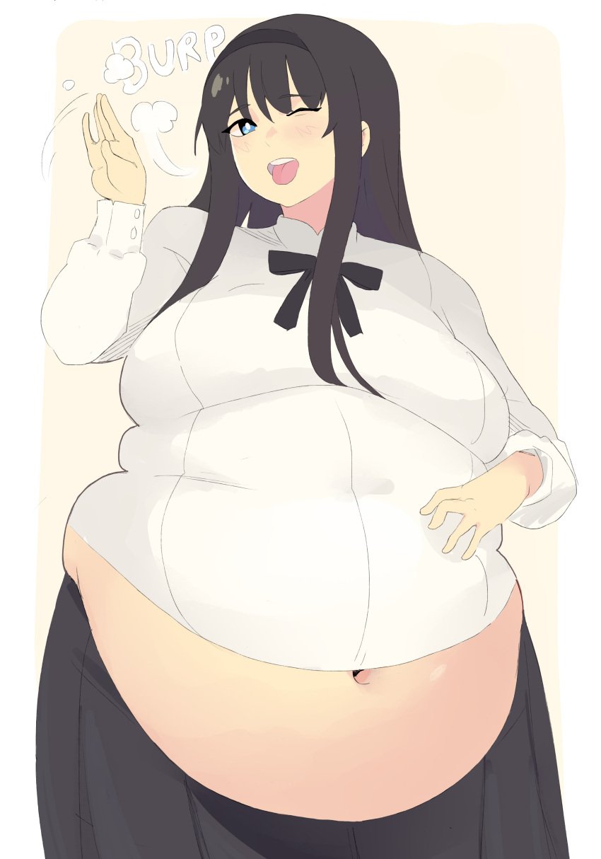 1girls akiha_tohno black_hair bloated_belly blue_eyes burping clothed clothing duharu fat female female_only gassy long_hair love_handles napolitane navel obese overweight overweight_female tight_clothing tohno_akiha tongue tongue_out tsukihime type-moon weight_gain