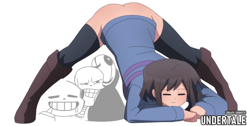 1girls 2d 3boys boots bottomless casual casual_exposure casual_nudity exhibitionism exhibitionist exposed exposed_ass exposed_pussy expressionless female frisk frisk_(undertale) gaster jack-o_pose legs looking_at_pussy papyrus presenting presenting_anus presenting_ass presenting_pussy sans spread_legs thighhighs thighs top-down_bottom-up undertale undertale_(series) zukafu_shimoto