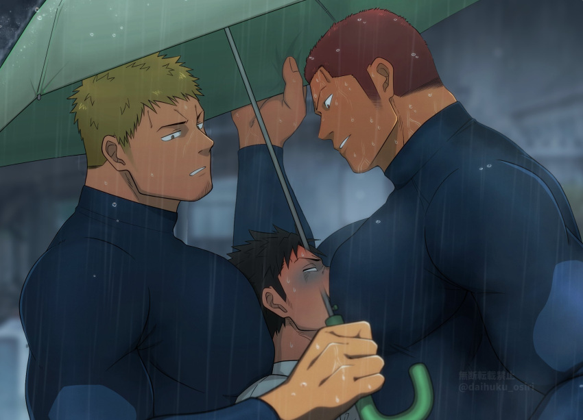 3boys gay_domination male male_only moobs muscular muscular_male no_visible_genitalia pec_smothering pecs pressed_against rain sandwiched size_difference ta_koazuma trapped umbrella